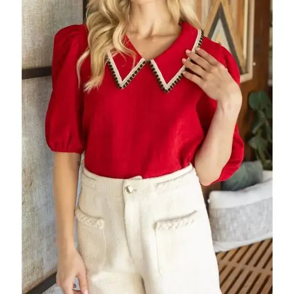 NEW VOY collard knit top in red - Picture 4 of 6
